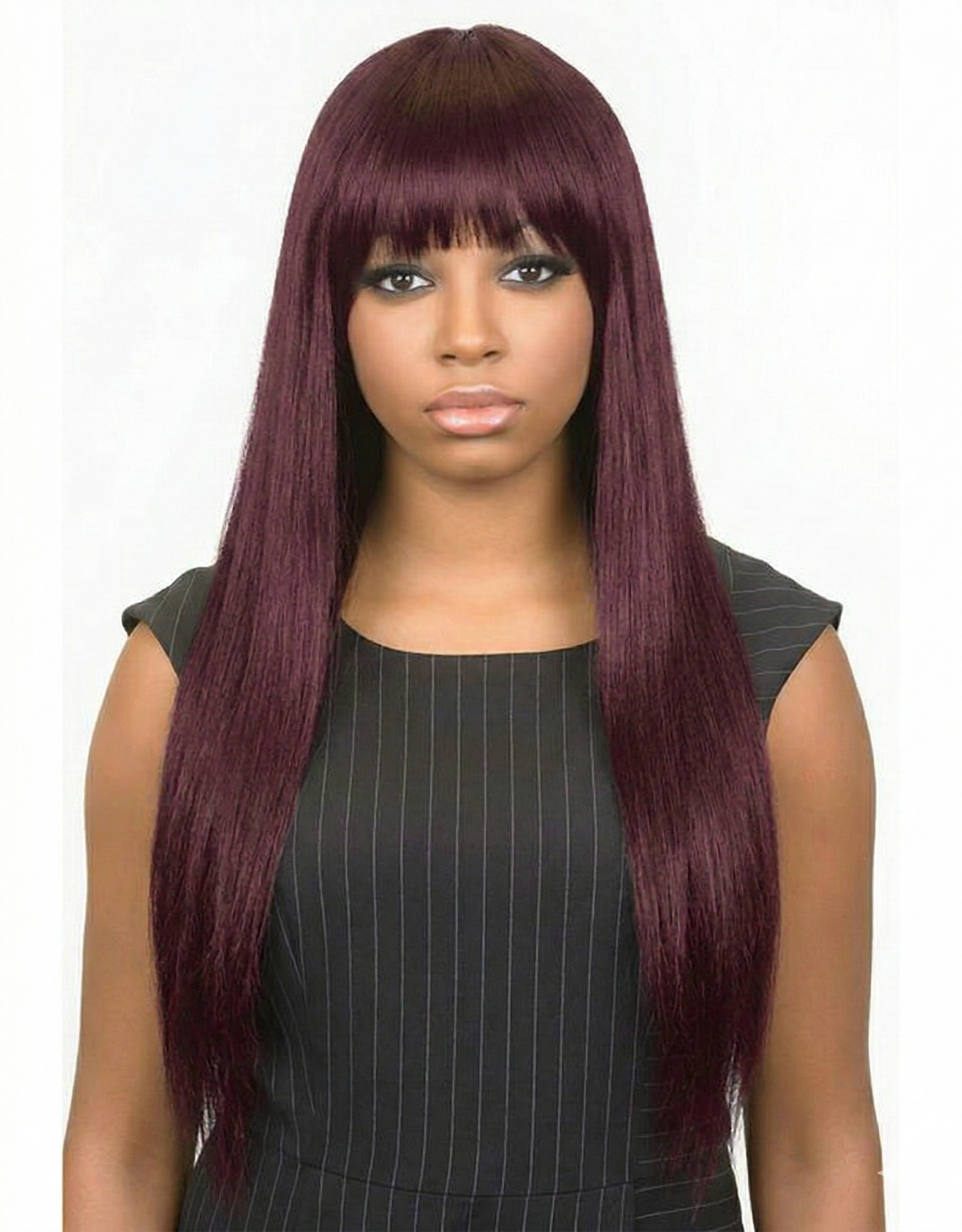 ?Hayden 26” 99J )synthetic Bang Wig *NWT Black Highlight Pink Synthetic Wig with Bangs Long Straight  main image 3